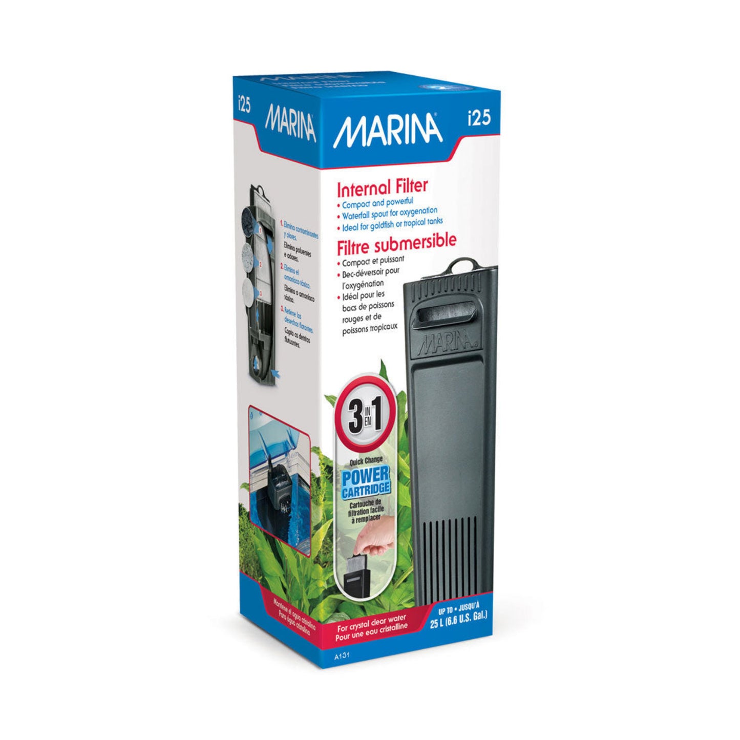 Packaging for Marina internal filter i25, showing the product and its features such as being suitable for up to 25 litre tanks, having a 315 power rating, and including suction cups.