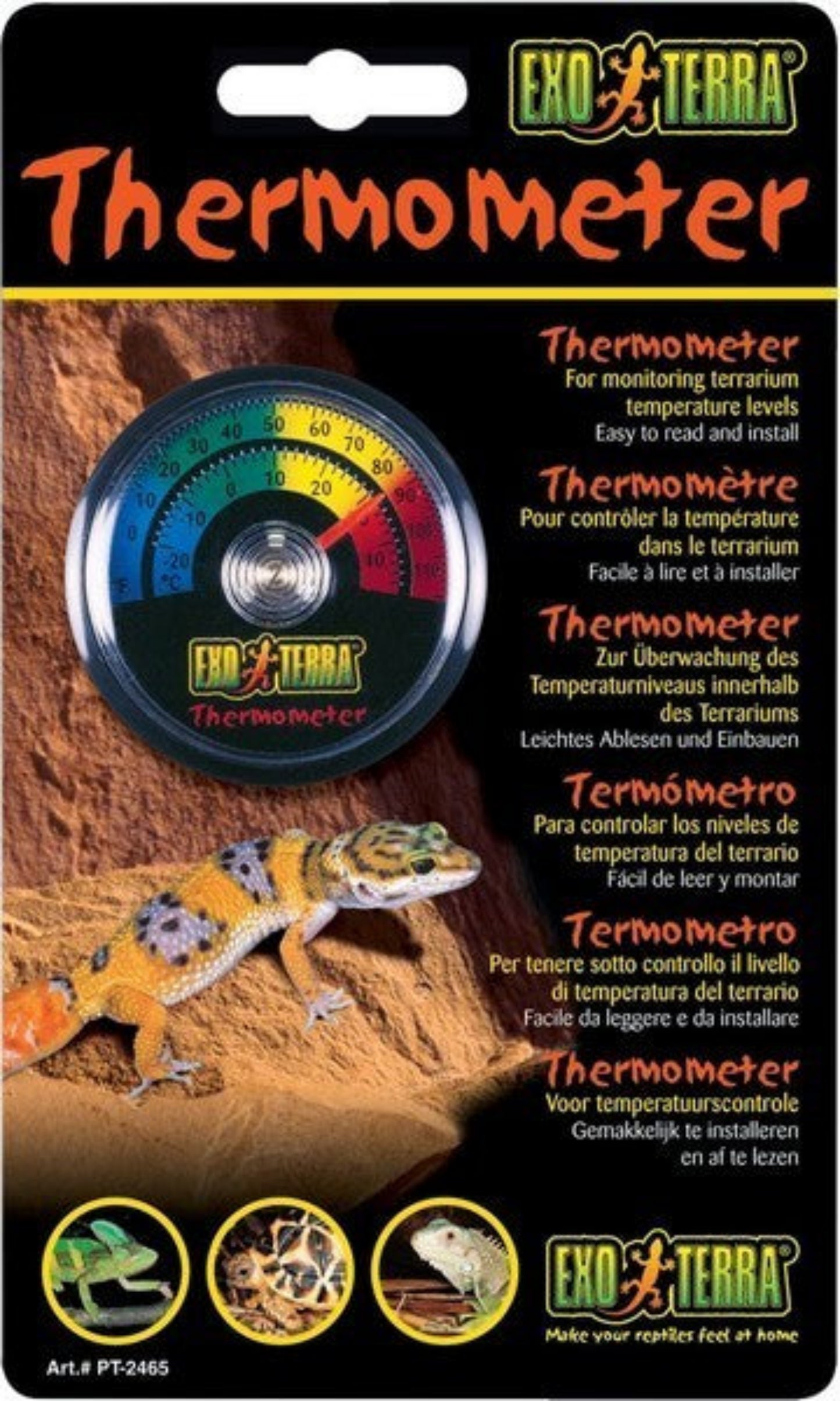 Exo Terra thermometer packaging with a gecko illustration on a brown background