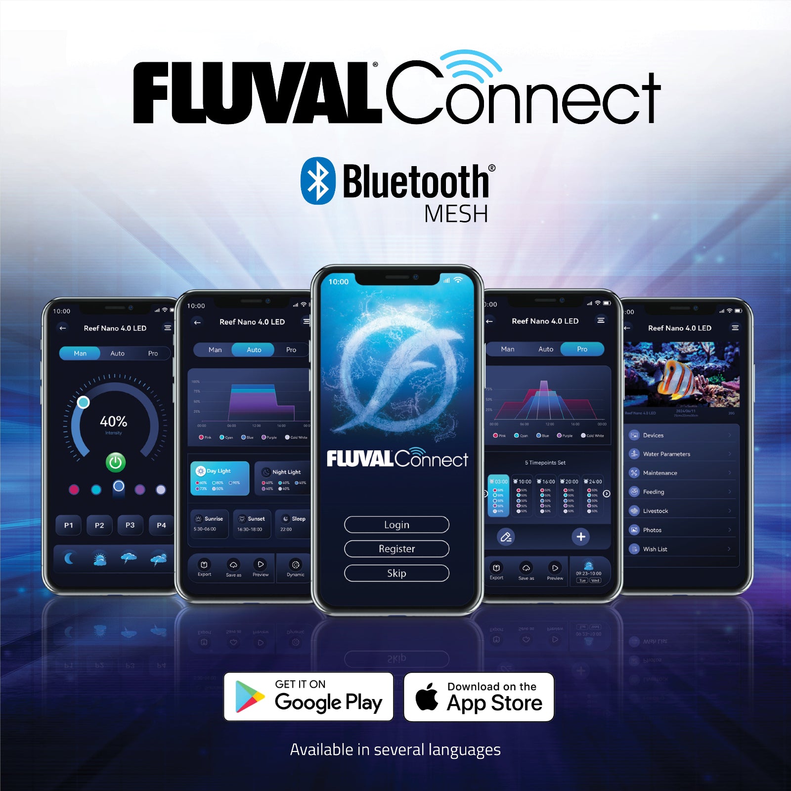 Fluval Connect app interface on smartphone screens with Bluetooth and mesh technology branding.