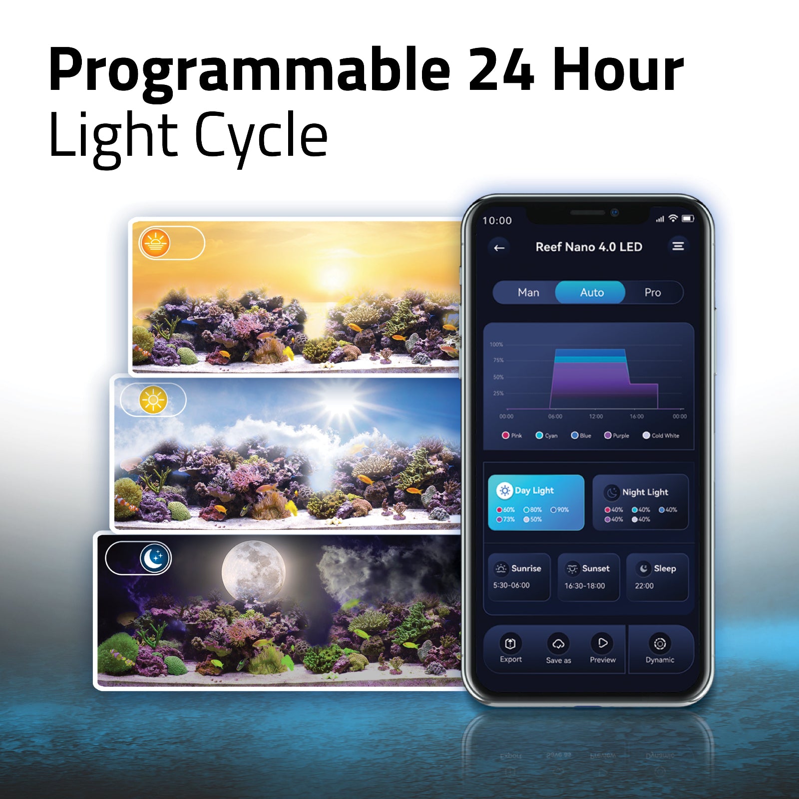 Smartphone displaying an app interface for controlling a programmable 24-hour light cycle with images of a reef tank.