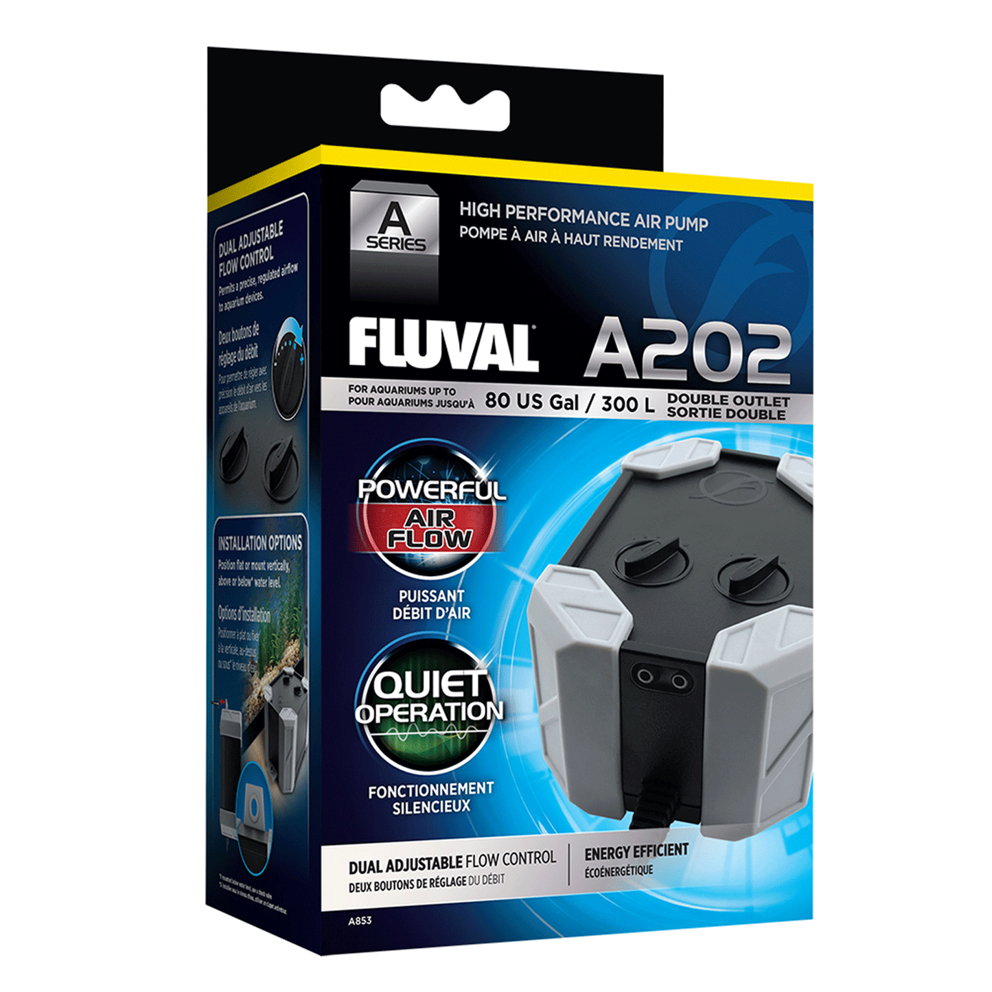 Pompa powietrza Fluval A202 Series 180-220 LPH - 80 US Gal/300L - Podwójne wyjście 3W