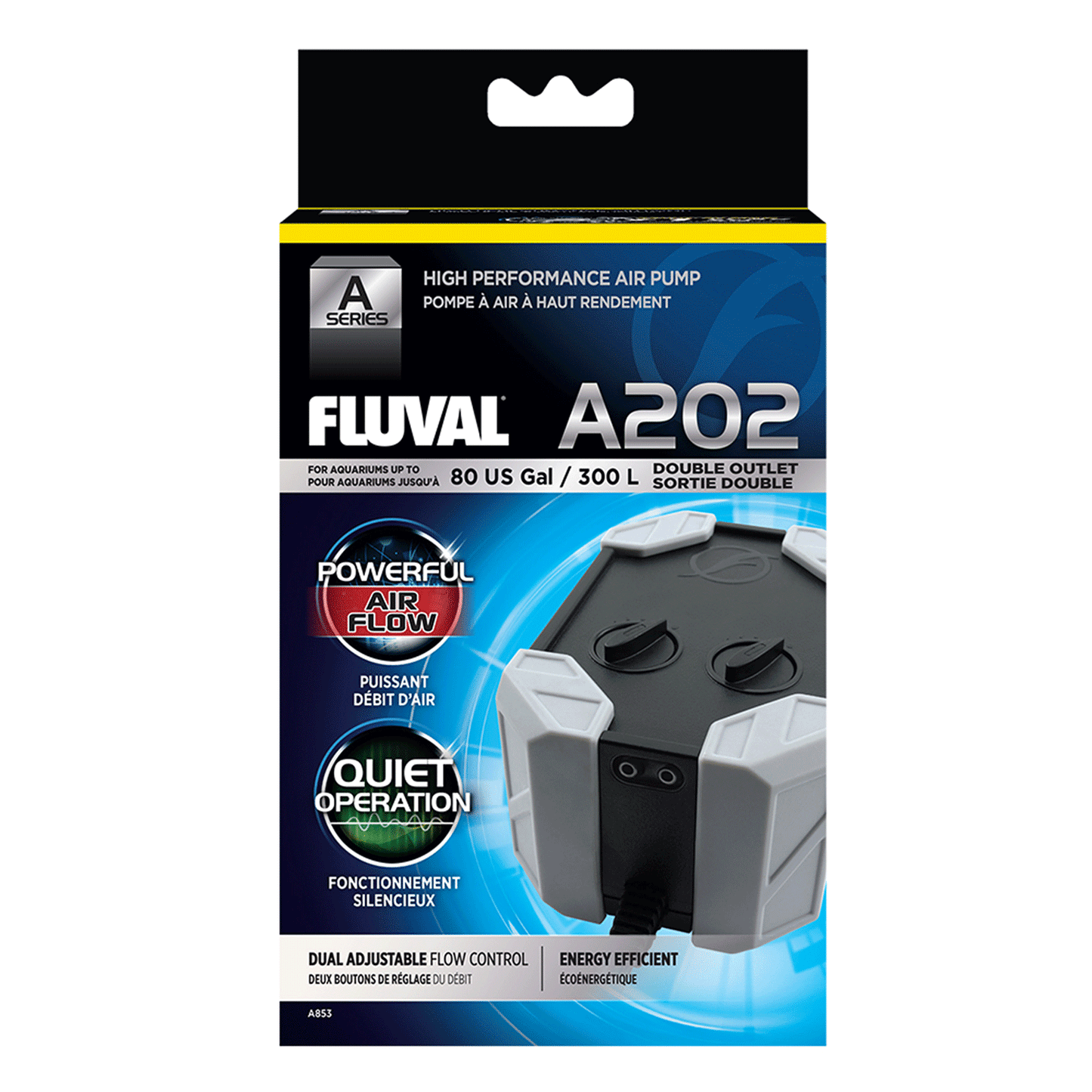 Pompa powietrza Fluval A202 Series 180-220 LPH - 80 US Gal/300L - Podwójne wyjście 3W