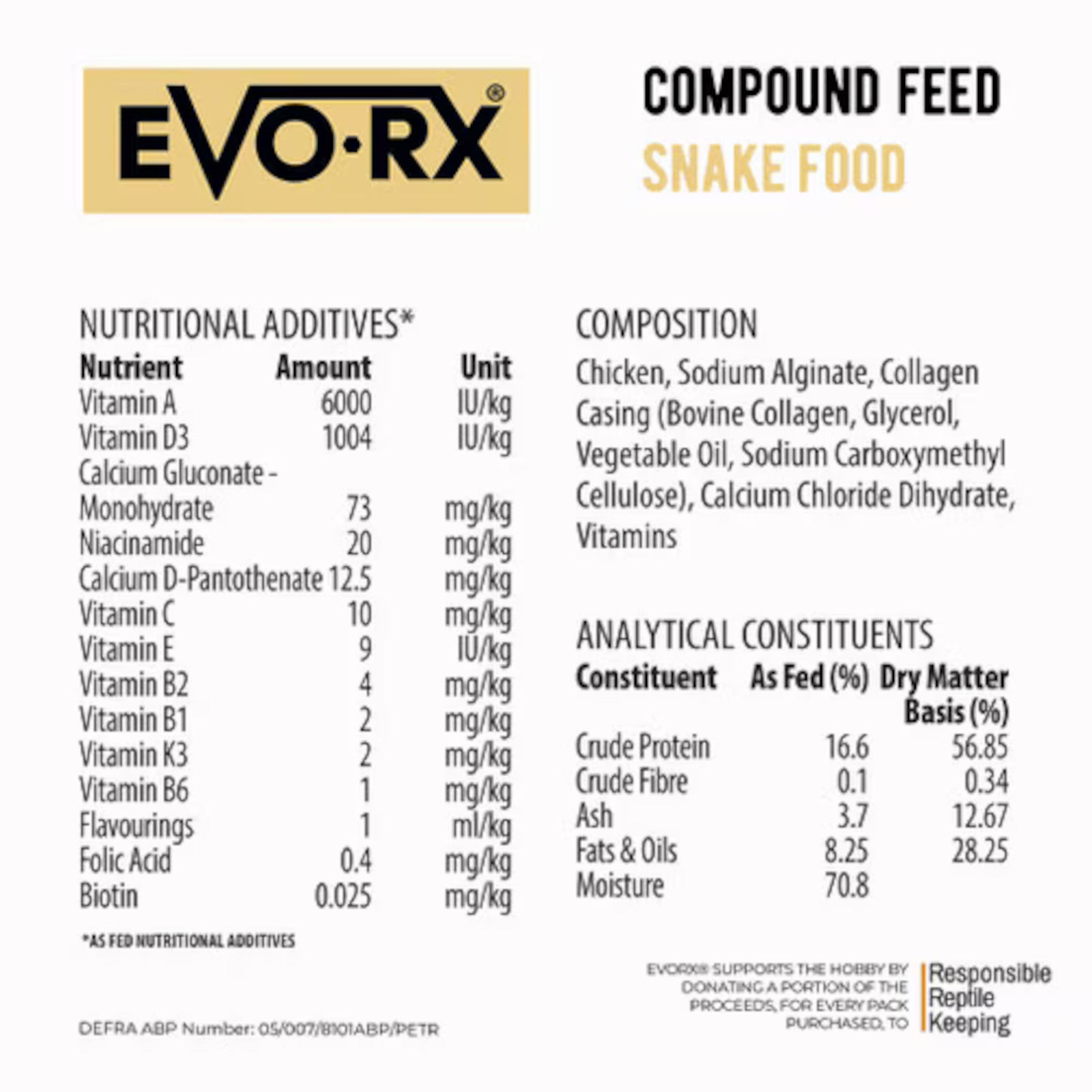 EVO-RX Compound Feed Snake Food label with nutritional and analytical information.