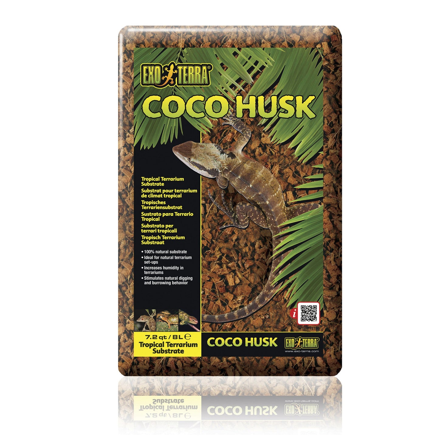 Exo Terra Coco Husk packaging with a lizard illustration on a white background