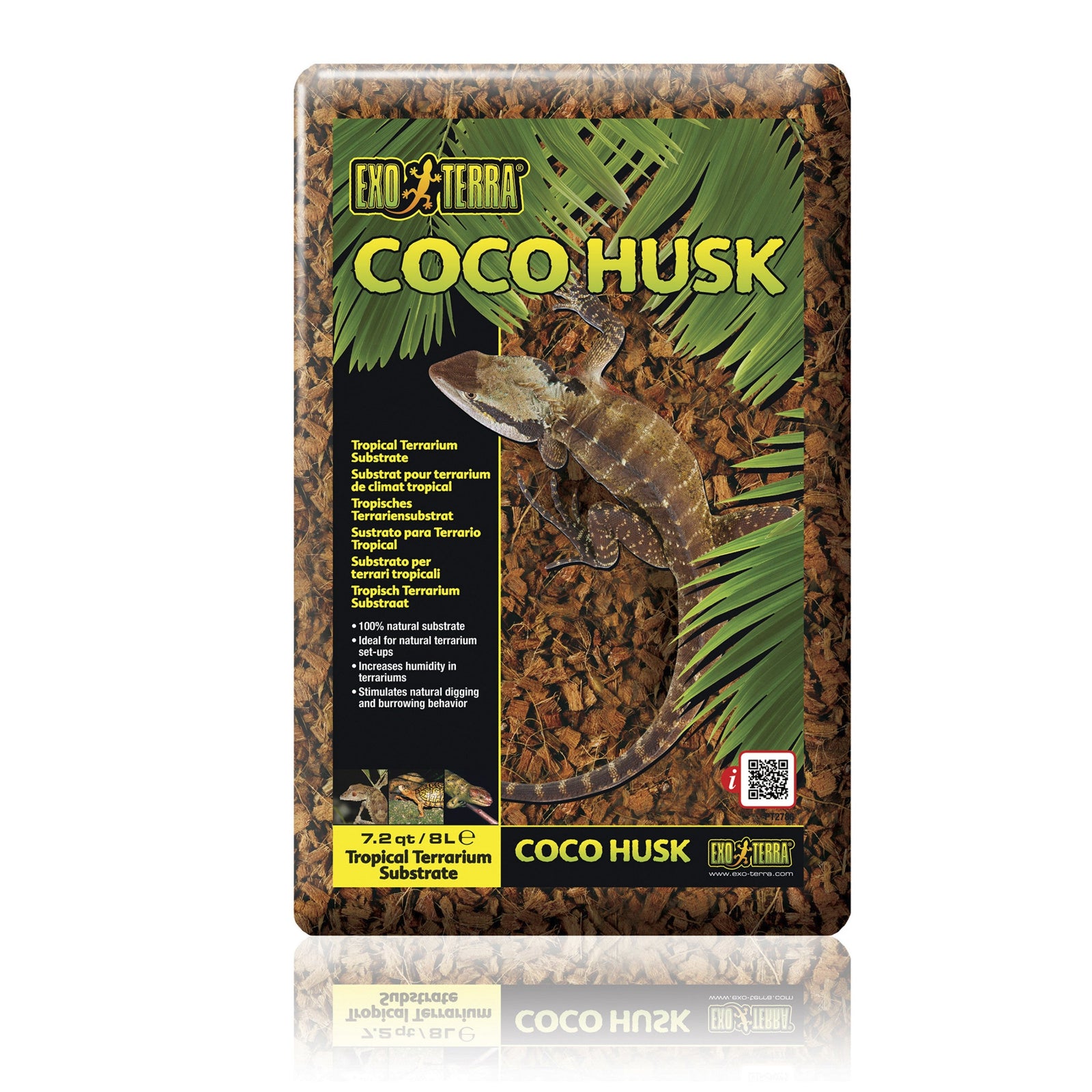 Exo Terra Coco Husk packaging with a lizard illustration on a white background