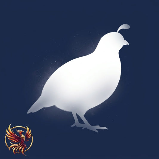 A white silhouette of a Quail standing n a dark blue background