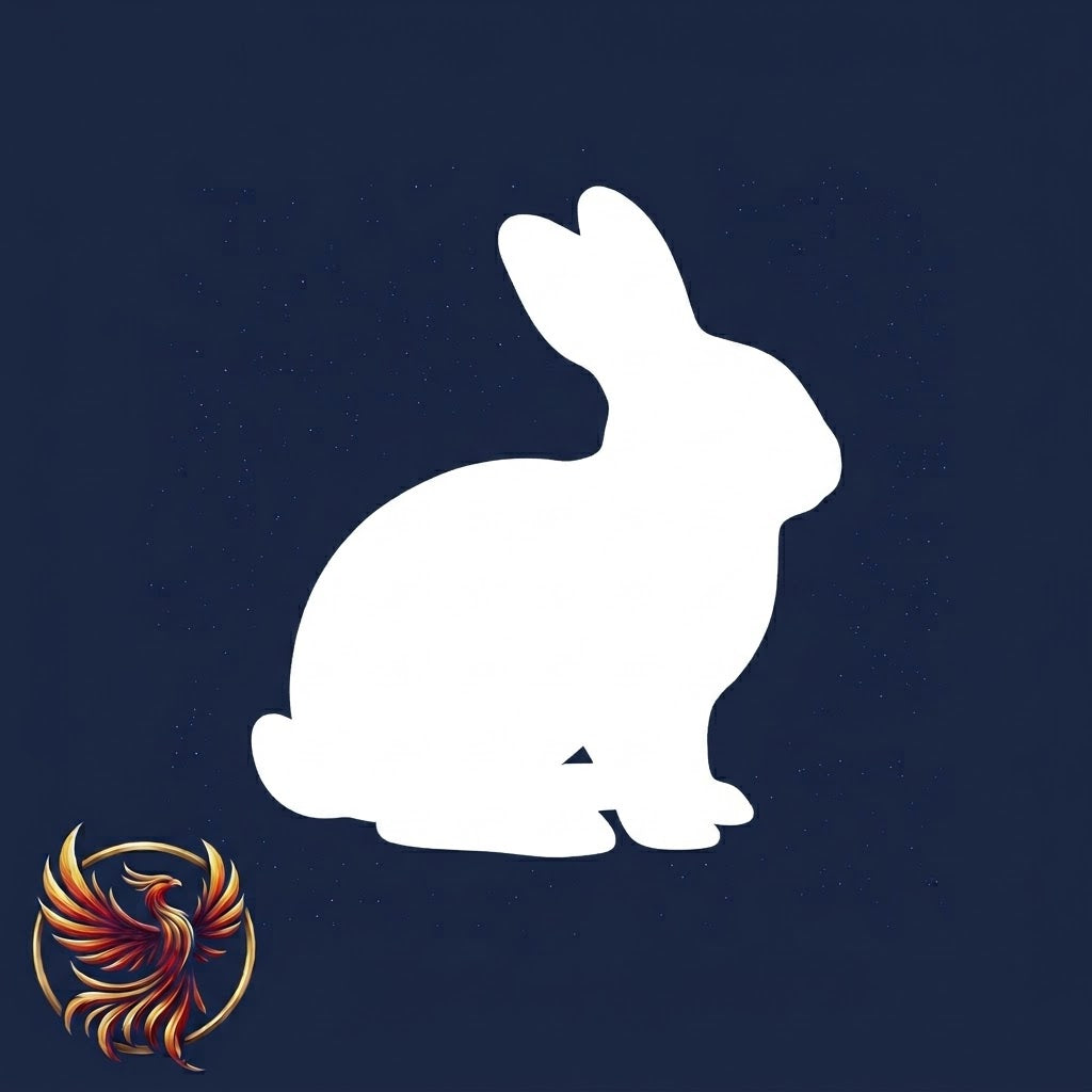 A white rabbit silhouette sitting on a dark blue background
