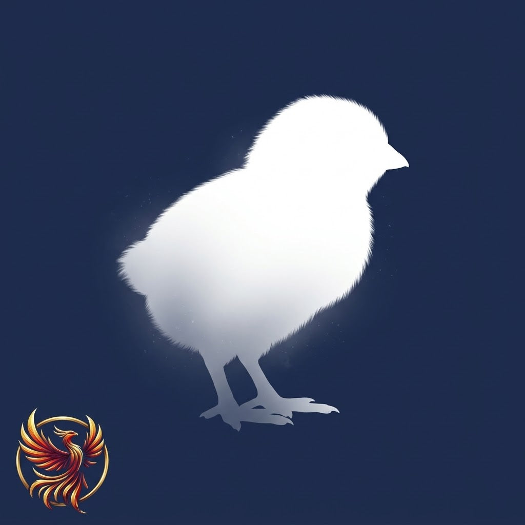 A fluffy white chick silhouette standing on a dark blue background