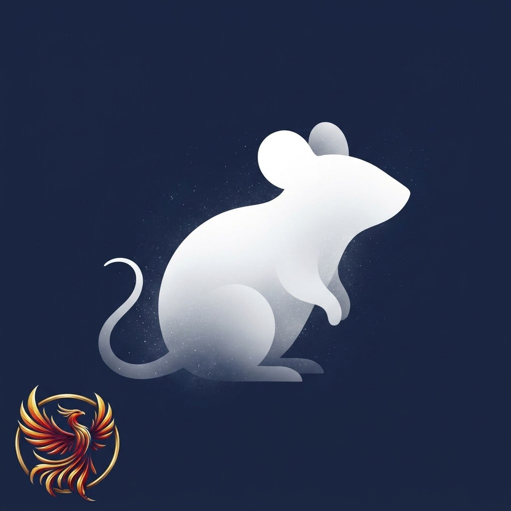 A stylized white mouse silhouette centered on a dark navy background, with a small red, orange, and gold phoenix emblem in the lower-left corner.