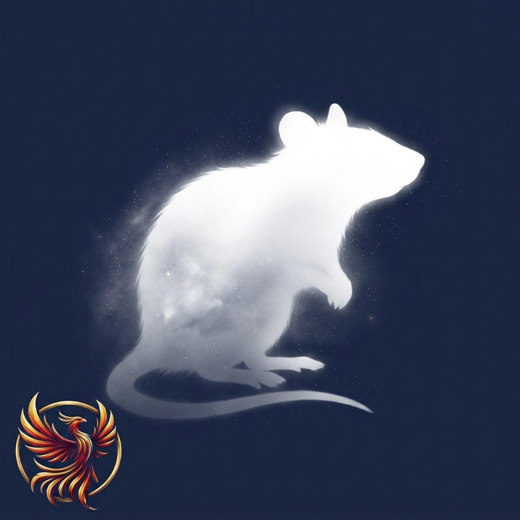 A glowing white rat silhouette cantered on a dark navy background, with a small red and gold phoenix emblem in the lower-left corner.